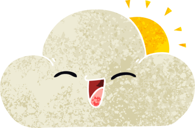 Retro illüstrasyon tarzı tuhaf çizgi film güneşi ve bir insan tarafından çizilmiş mutlu bulut.