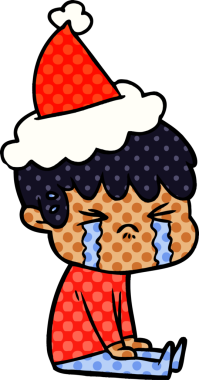 Bir insanın çizdiği Noel Baba şapkasıyla ağlayan bir çocuğun el çizimi çizgi roman tasviri.