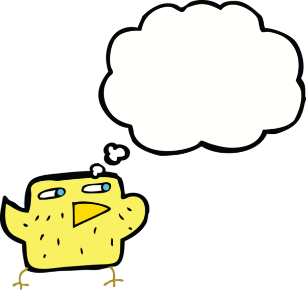 Bir insan tarafından çizilmiş düşünce baloncuklu çizgi film kuşu.