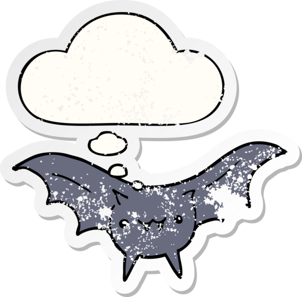 Düşünce baloncuklu karikatür yarasası bir insan tarafından çizilmiş yıpranmış bir çıkartma.