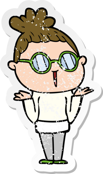 Bir insan tarafından çizilmiş gözlüklü, omuz silken bir karikatür çıkartması.