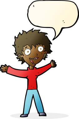 Bir insan tarafından çizilmiş konuşma balonu olan heyecanlı bir karikatür.