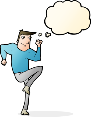 Bir insan tarafından çizilmiş düşünce baloncuğuyla koşan çizgi film adamı.