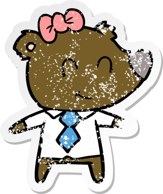 Bir insan tarafından çizilmiş iş kıyafetleri içindeki dişi ayının sıkıntılı çıkartması.