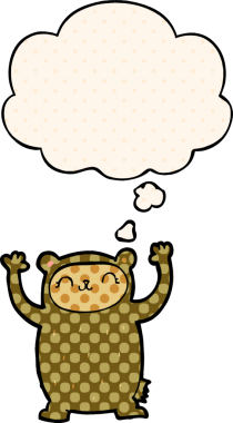 Bir insan tarafından çizilmiş çizgi roman tarzında düşünce baloncuğu olan sevimli çizgi film ayısı.