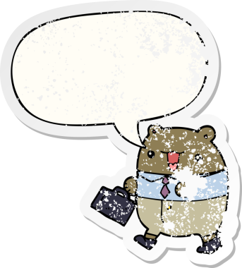 Konuşma baloncuğu olan sevimli çizgi film iş ayısı bir insan tarafından çizilmiş sıkıntılı eski bir çıkartma