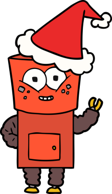 Bir insan tarafından çizilmiş Noel Baba şapkasıyla el sallayan bir robot çizimi.