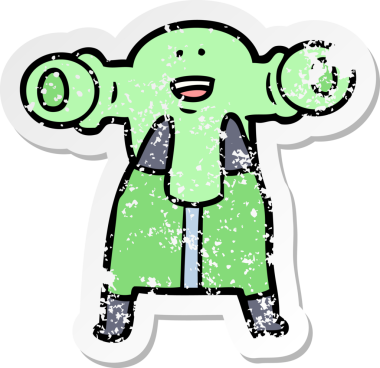 Bir insan tarafından çizilmiş dost canlısı çizgi film uzaylısının sıkıntılı çıkartması.