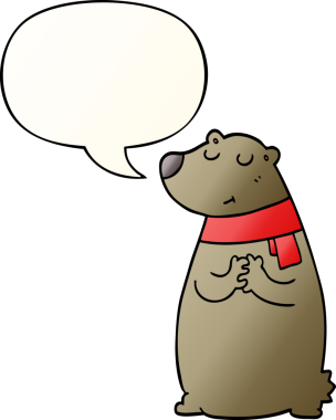 Bir insan tarafından çizilmiş yumuşak eğimli konuşma baloncuklu eşarp takan çizgi film ayısı.