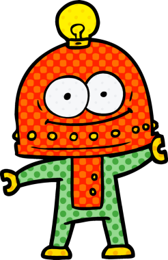 Bir insan tarafından çizilmiş ampullü mutlu karton robot.