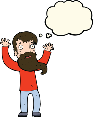 Bir insan tarafından çizilmiş düşünce balonlu sakallı heyecanlı bir adam.