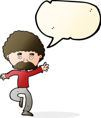 Çizgi filmdeki bıyıklı adam disko bir insan tarafından çizilmiş konuşma balonuyla dans ediyor.