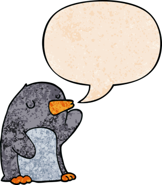 Konuşma baloncuğu olan karikatür pengueni insan tarafından çizilmiş.