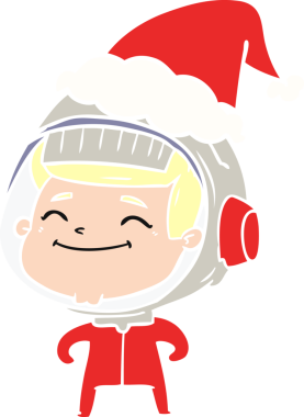 Mutlu el çizimi düz renk çizimi. Bir astronot Noel Baba şapkası takıyor.