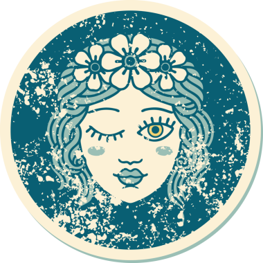 Bir insan tarafından çizilmiş bir bakirenin yüz göz kırpan sembolik dövmesi.