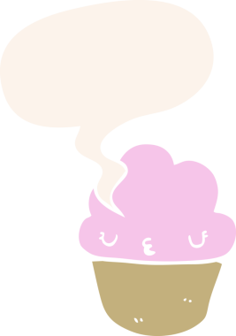 Bir insan tarafından çizilmiş, yüzü konuşma baloncuğu olan çizgi film keki.