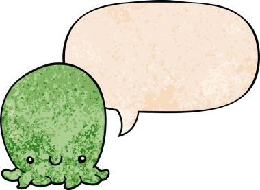 Bir insan tarafından çizilmiş eski dokuda konuşma baloncuğu olan sevimli ahtapot çizgi filmi.