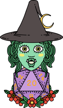 Retro Dövme Biçimi Yarı Ork Cadı Bir insan tarafından çizilmiş 20 zar ile