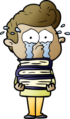 Bir insan tarafından çizilmiş kitap yığınıyla ağlayan bir karikatür öğrencisi