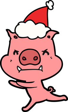 Bir insan tarafından çizilmiş Noel Baba şapkası takan bir domuzun çizimi.