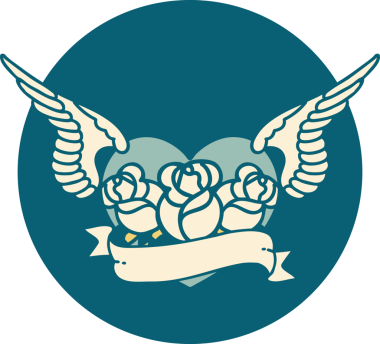 Bir insan tarafından çizilmiş çiçek ve bayrak ile uçan bir kalbin ikonik dövme görüntüsü