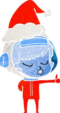 Bir insan tarafından çizilmiş Noel Baba şapkası giymiş güzel bir astronot kızın el çizimi karikatürü.