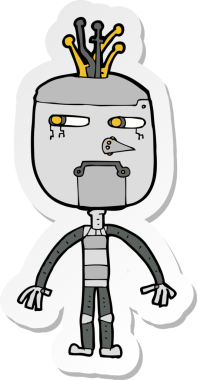 Bir insan tarafından çizilmiş komik çizgi film robotunun çıkartması.