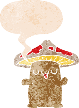 grunge 'da konuşma baloncuğu olan karikatür mantarı bir insan tarafından çizilmiş dertli retro stil.