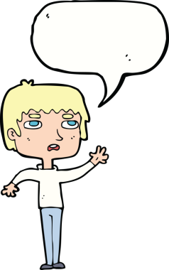 Bir insan tarafından çizilmiş konuşma baloncuğuyla el sallayan mutsuz bir çocuk.