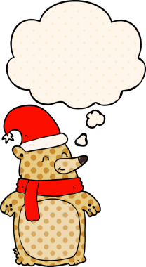 Çizgi roman tarzında bir insan tarafından çizilmiş düşünce baloncuğu olan çizgi film noel ayısı.