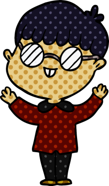 Bir insan tarafından çizilmiş gözlük takan çizgi film çocuğu.