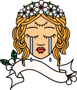 Geleneksel dövmeli, üçüncü gözlü bayrak ve bir insan tarafından çizilmiş çiçek taçlı.