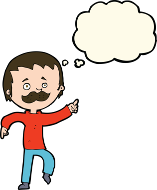 Çizgi filmdeki bıyıklı adam bir insan tarafından çizilmiş düşünce balonuyla işaret ediyor.