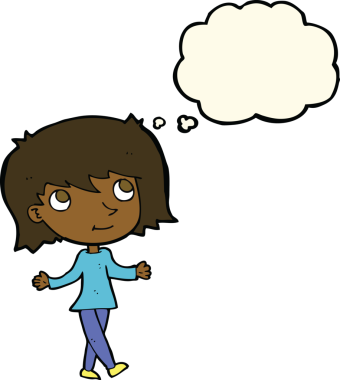 Bir insan tarafından çizilmiş düşünce baloncuğu ile tasasız çizgi film kızı.