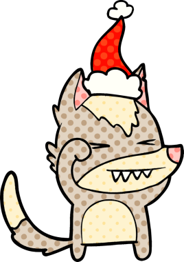 Yorgun kurt el, bir insan tarafından çizilmiş Noel Baba şapkasının çizgi roman tarzı çizimi.