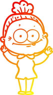 Bir insan tarafından çizilmiş mutlu, yaşlı bir kadının sıcak çizgi çizimi.