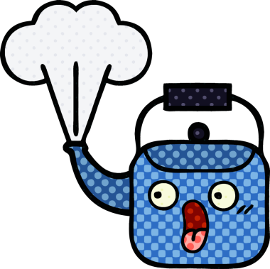 Bir insan tarafından çizilmiş dumanı tüten bir çaydanlığın çizgi romanı.