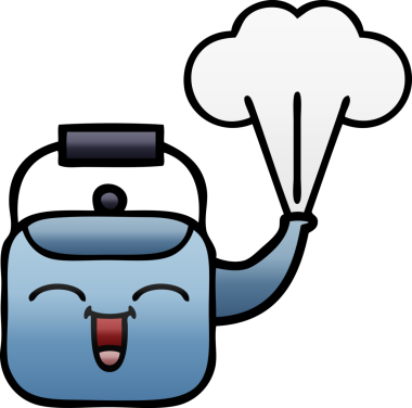 Bir insan tarafından çizilmiş dumanı tüten bir çaydanlığın gölgeli çizgi filmi.