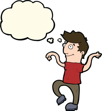 çizgi film mutlu adam bir insan tarafından çizilmiş düşünce baloncuğuyla komik dans yapıyor