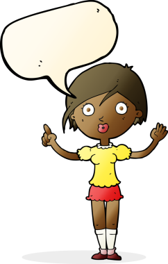 Bir insan tarafından çizilmiş konuşma balonuyla soru soran karikatür kızı.