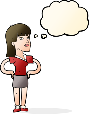 Bir insan tarafından çizilmiş düşünce baloncuğu olan elleri kalçasında çizgi film kadını.