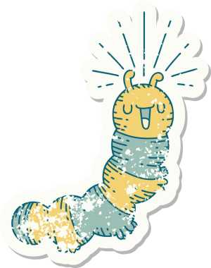 Dövme stili eski bir çıkartma. Bir insan tarafından çizilmiş mutlu tırtıl.