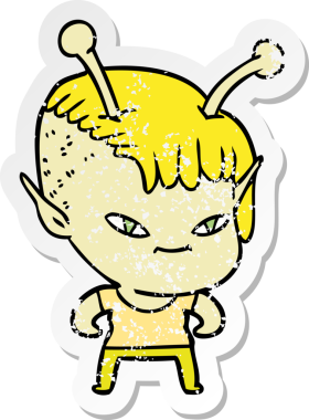 Bir insan tarafından çizilmiş sevimli uzaylı bir kızın sıkıntılı çıkartması.