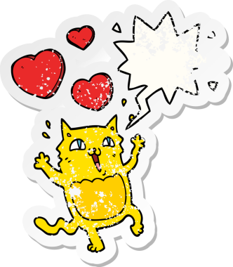 Çizgi film kedisi konuşma baloncuğuna delicesine aşık. Bir insan tarafından çizilmiş sıkıntılı eski bir çıkartma.