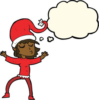 Noel Baba 'nın insan tarafından çizilmiş düşünce balonlu yardımcı karikatürü.