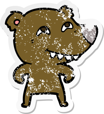 Bir insan tarafından çizilmiş dişleri gösteren bir çizgi film ayısının sıkıntılı çıkartması.