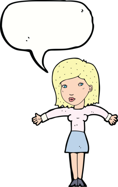 Bir insan tarafından çizilmiş konuşma baloncuğuyla omuz silken çizgi film kadını.