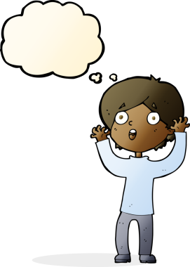 Bir insan tarafından çizilmiş düşünce baloncuğu olan korkmuş bir adam.