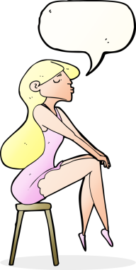 Bir insan tarafından çizilmiş bir konuşma balonuyla taburede oturan karikatür kadın.