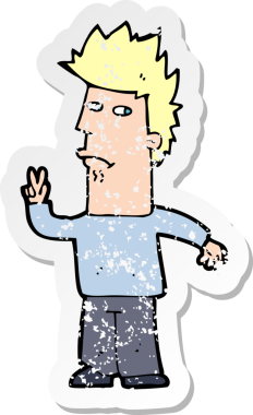 Bir insan tarafından çizilmiş barış işareti veren bir çizgi film karakterinin gerilimli retro yapıştırması